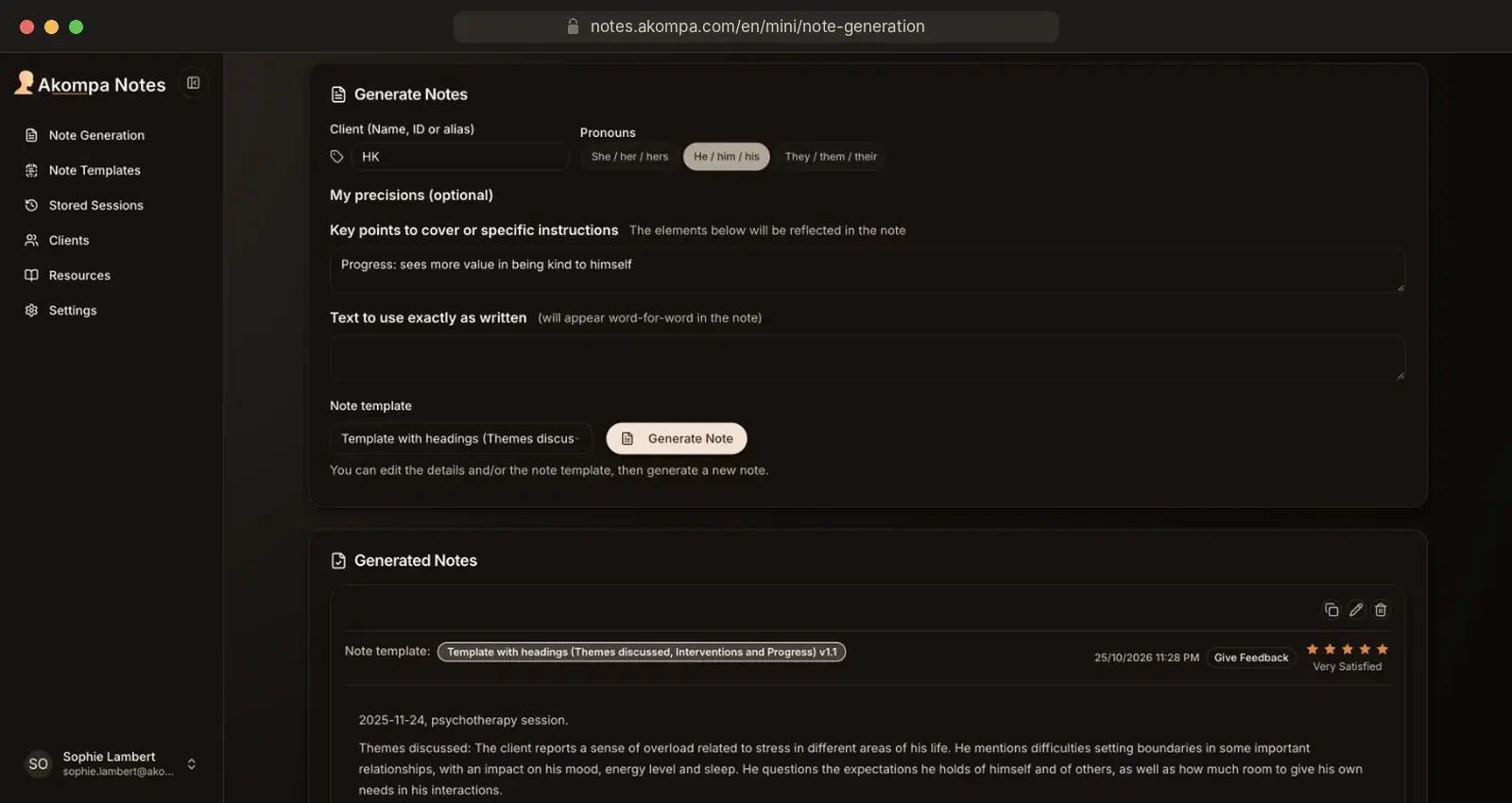 Akompa Notes note generation in dark mode