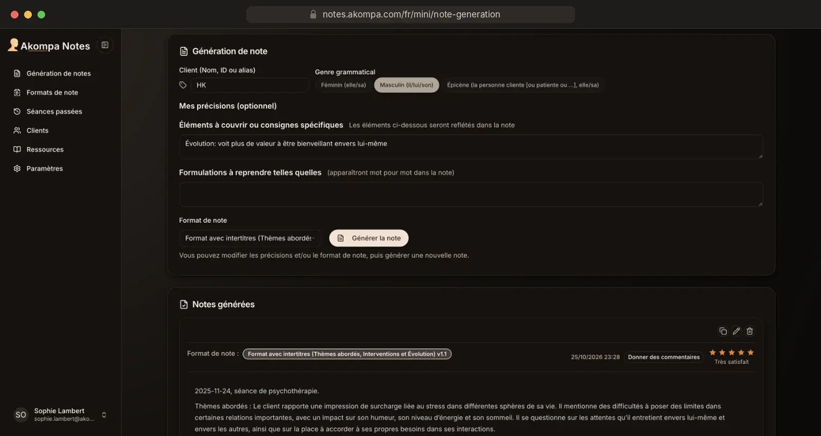 Akompa Notes, génération d’une note en mode sombre